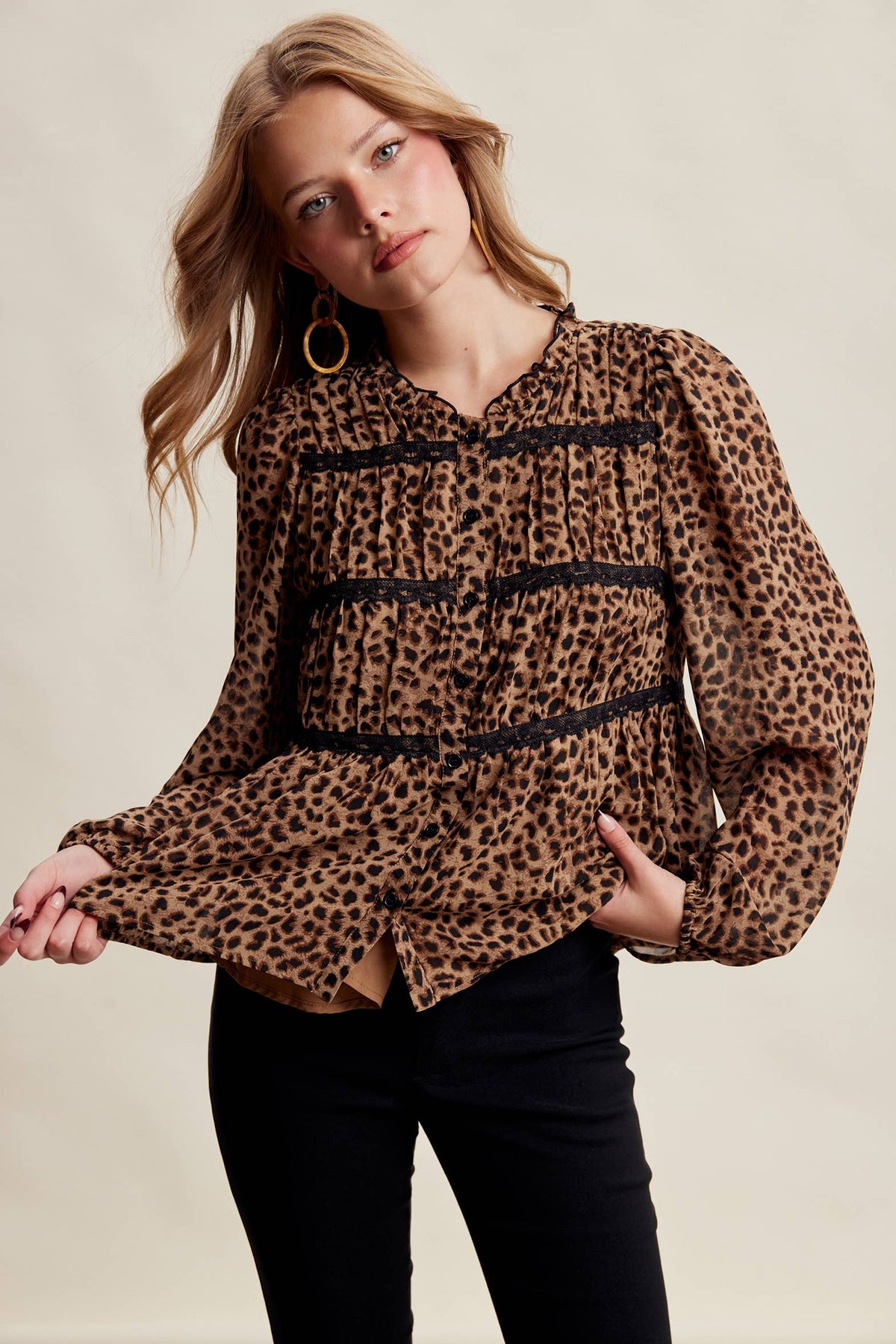Leopard Print Lace Trim Blouse