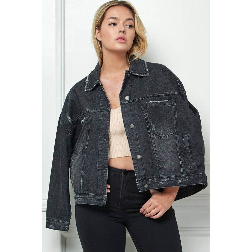 Plus Size Black Oversize Pleated Back Denim Jacket