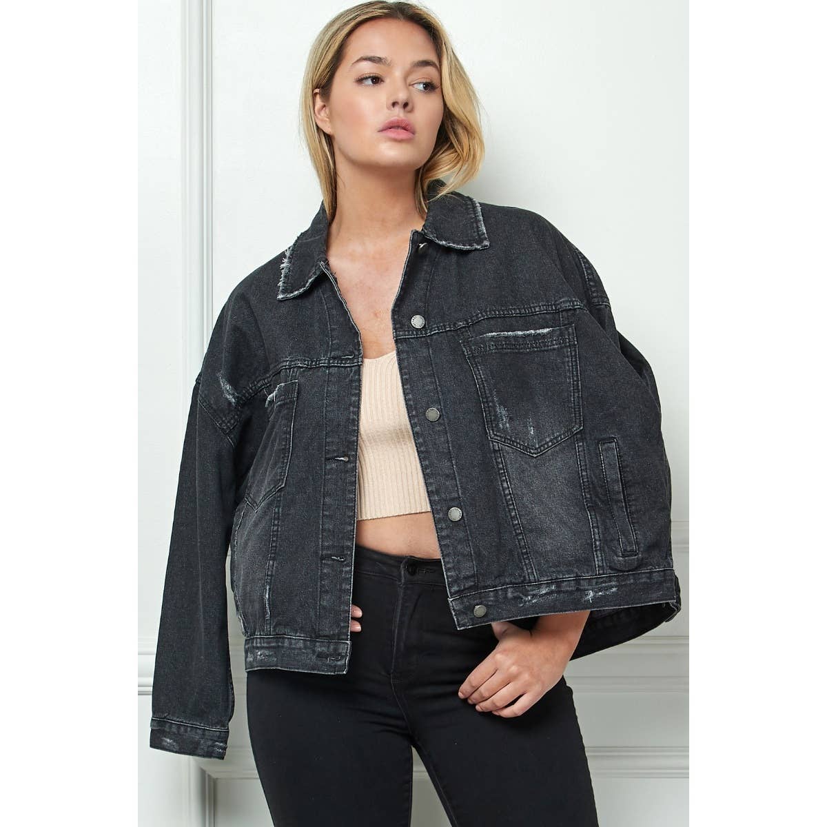 Plus Size Black Oversize Pleated Back Denim Jacket
