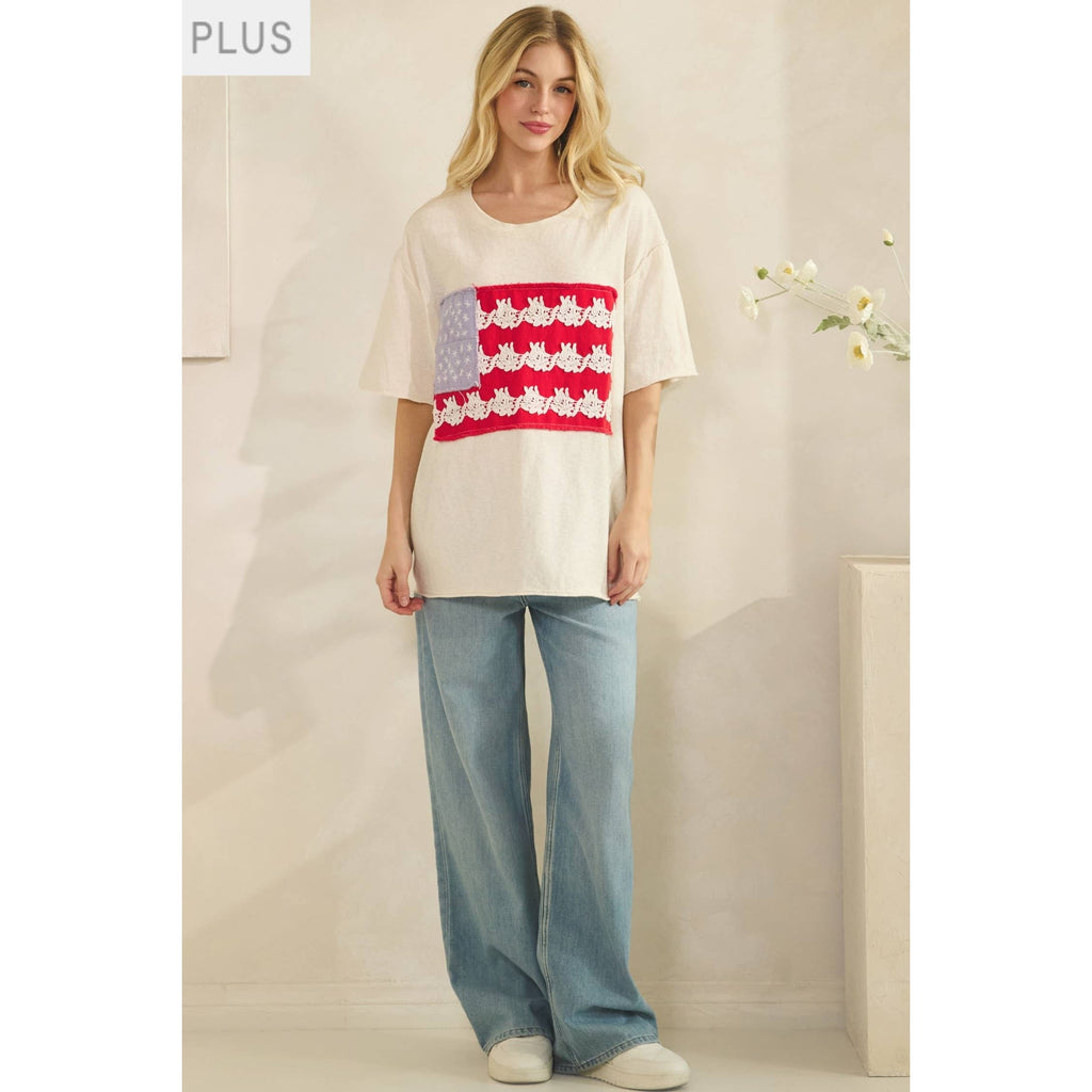 Plus Cream Lace Patched Oversized Tee