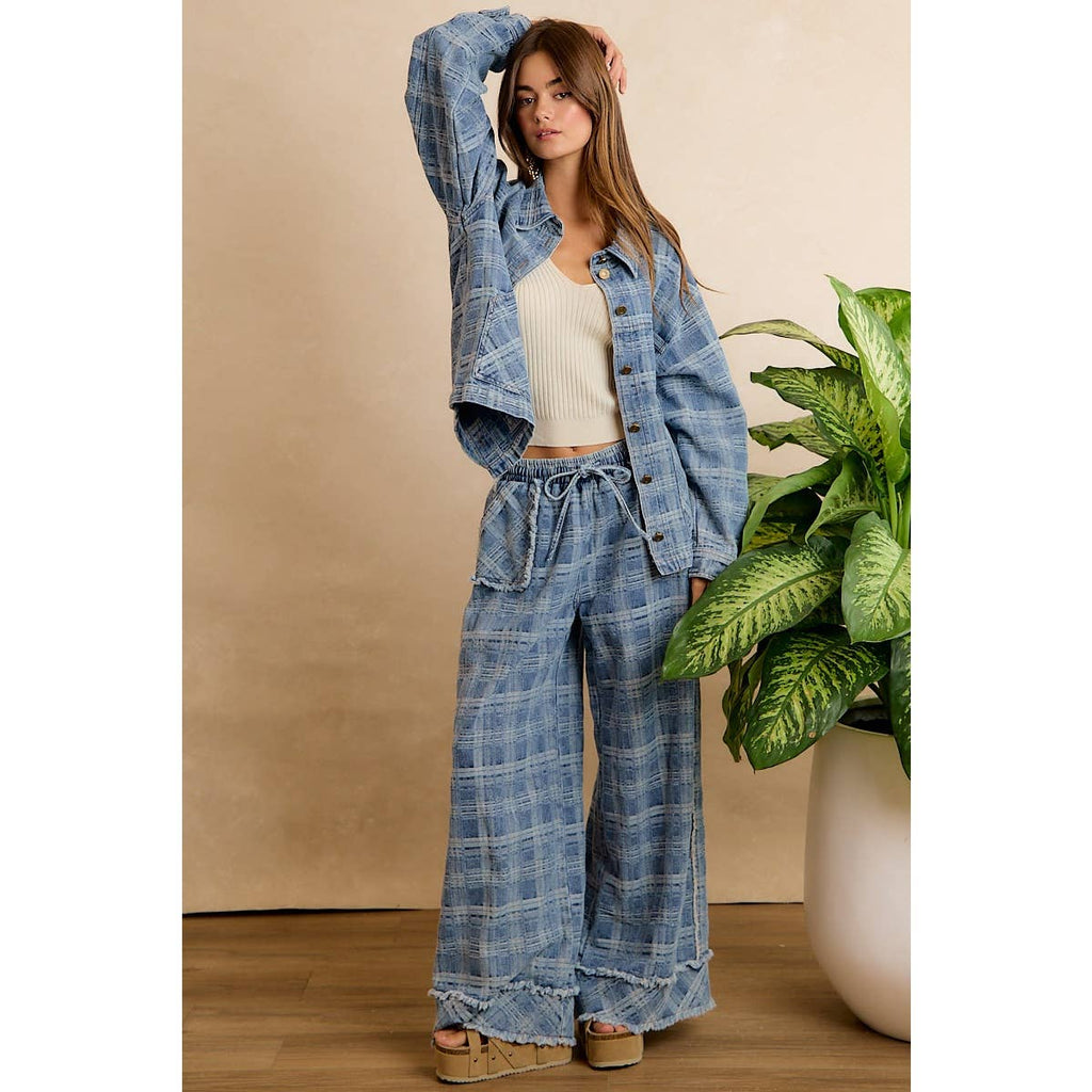 Washed Demin Plaid Wide Leg Jeans