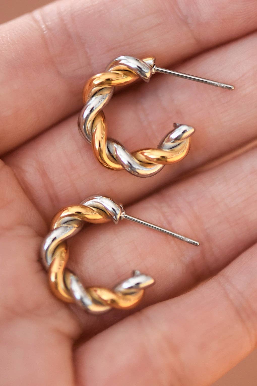 Gold Two Tone Twist Stainless Steel Hoop Earrings