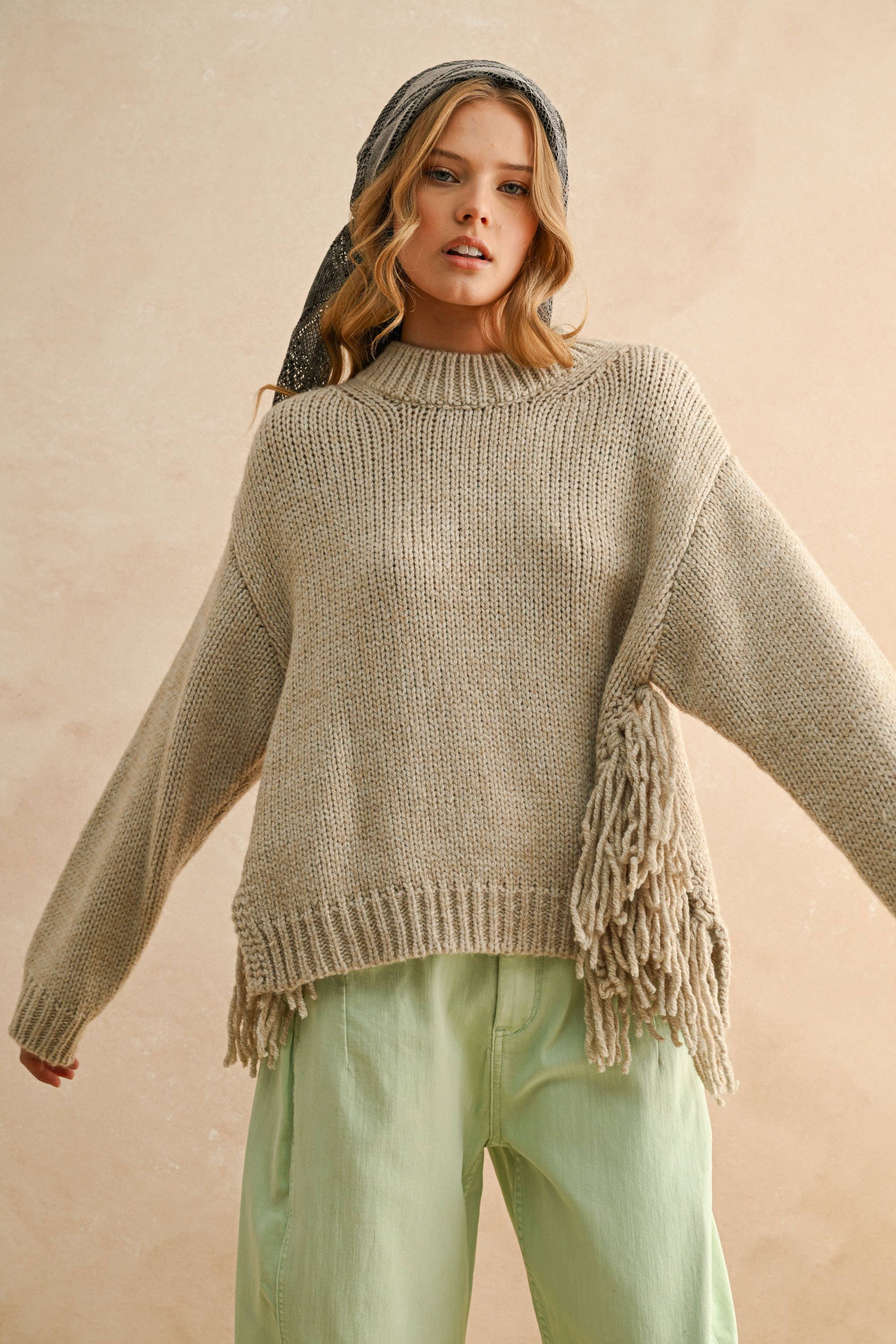 Stone Fringe On The Side Sweater