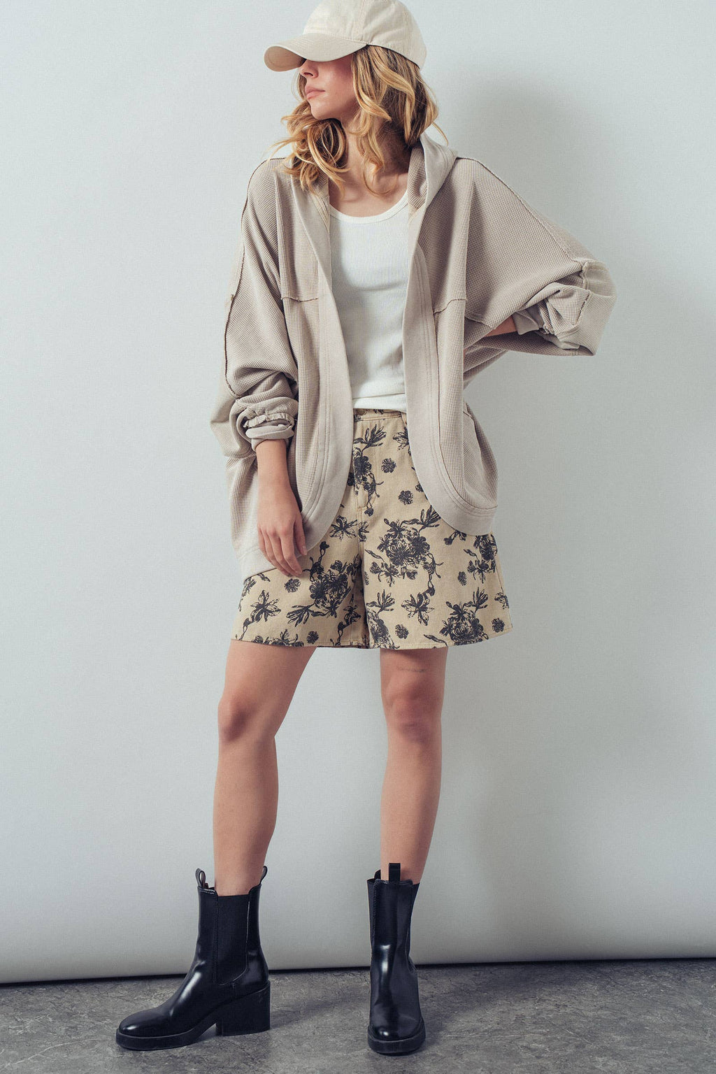 Taupe Washed Waffle Knit Hooded Cardigan