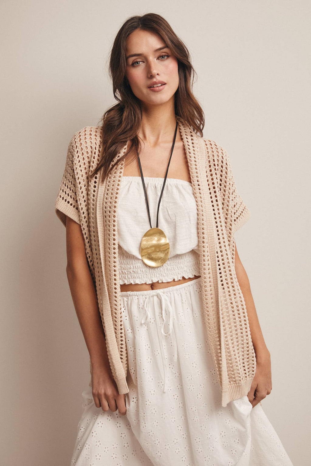 Natural Open Knit Belted Cardigan