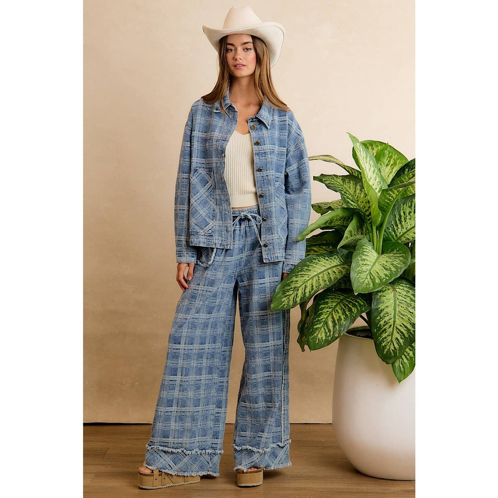 Washed Demin Plaid Wide Leg Jeans