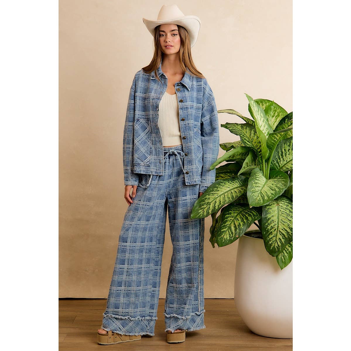 Washed Demin Plaid Wide Leg Jeans
