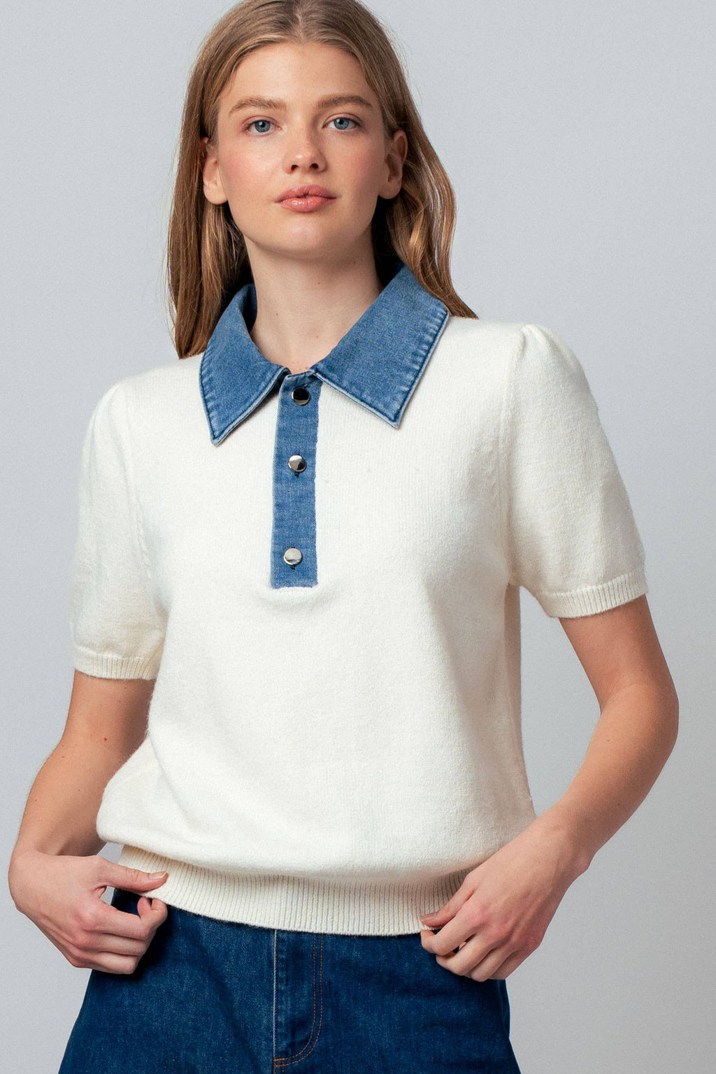 Ivory & Blue Collared Sweater Top