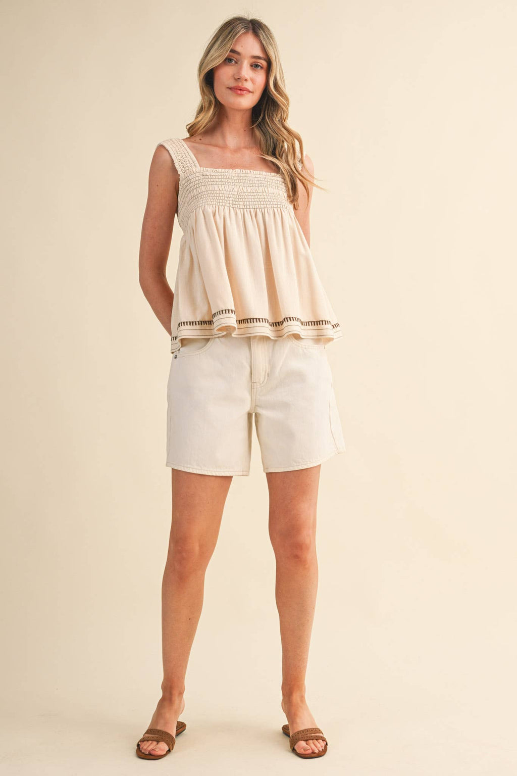 Egg Shell Sleeveless Smocked Swing Top