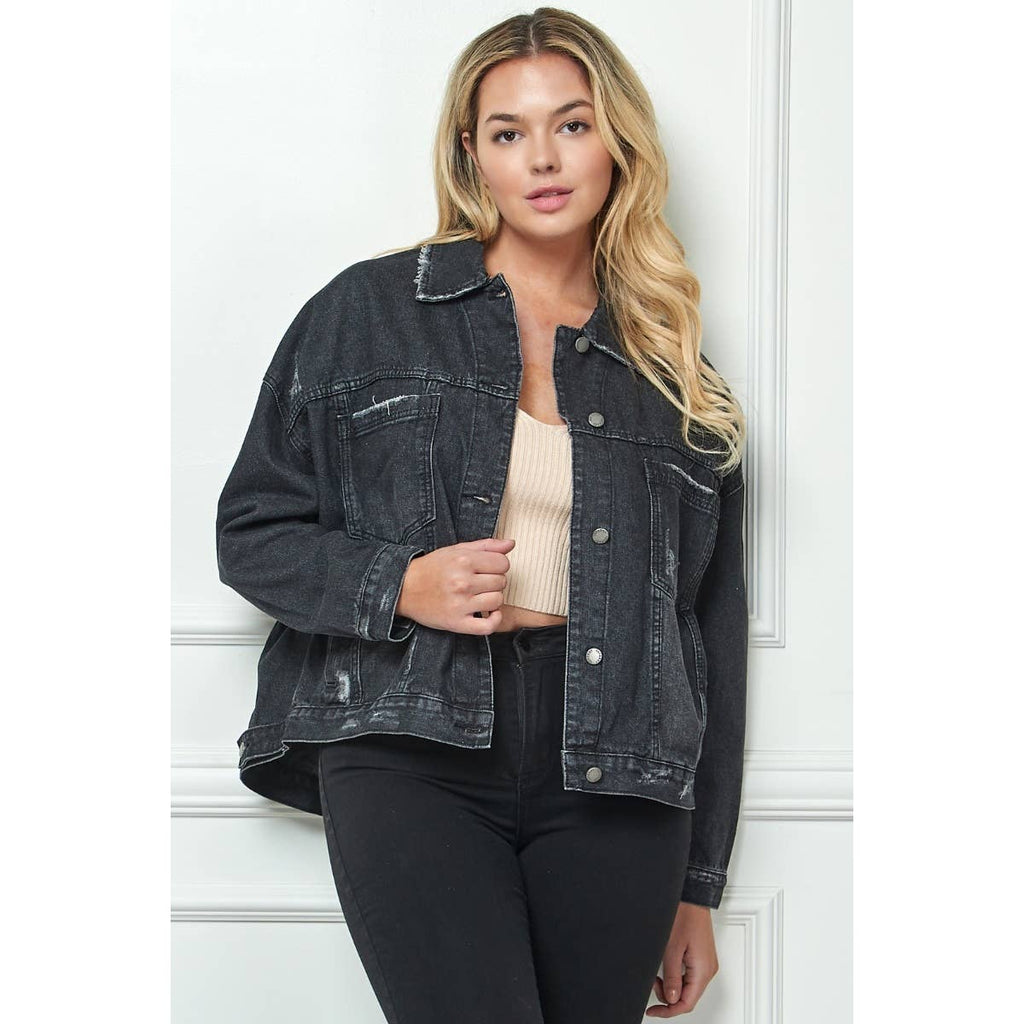 Plus Size Black Oversize Pleated Back Denim Jacket