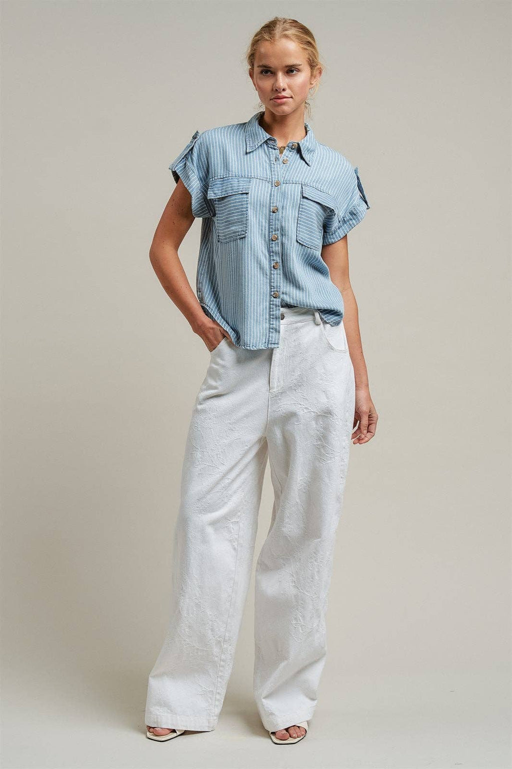 Striped Chambray Short Sleeve Shirt