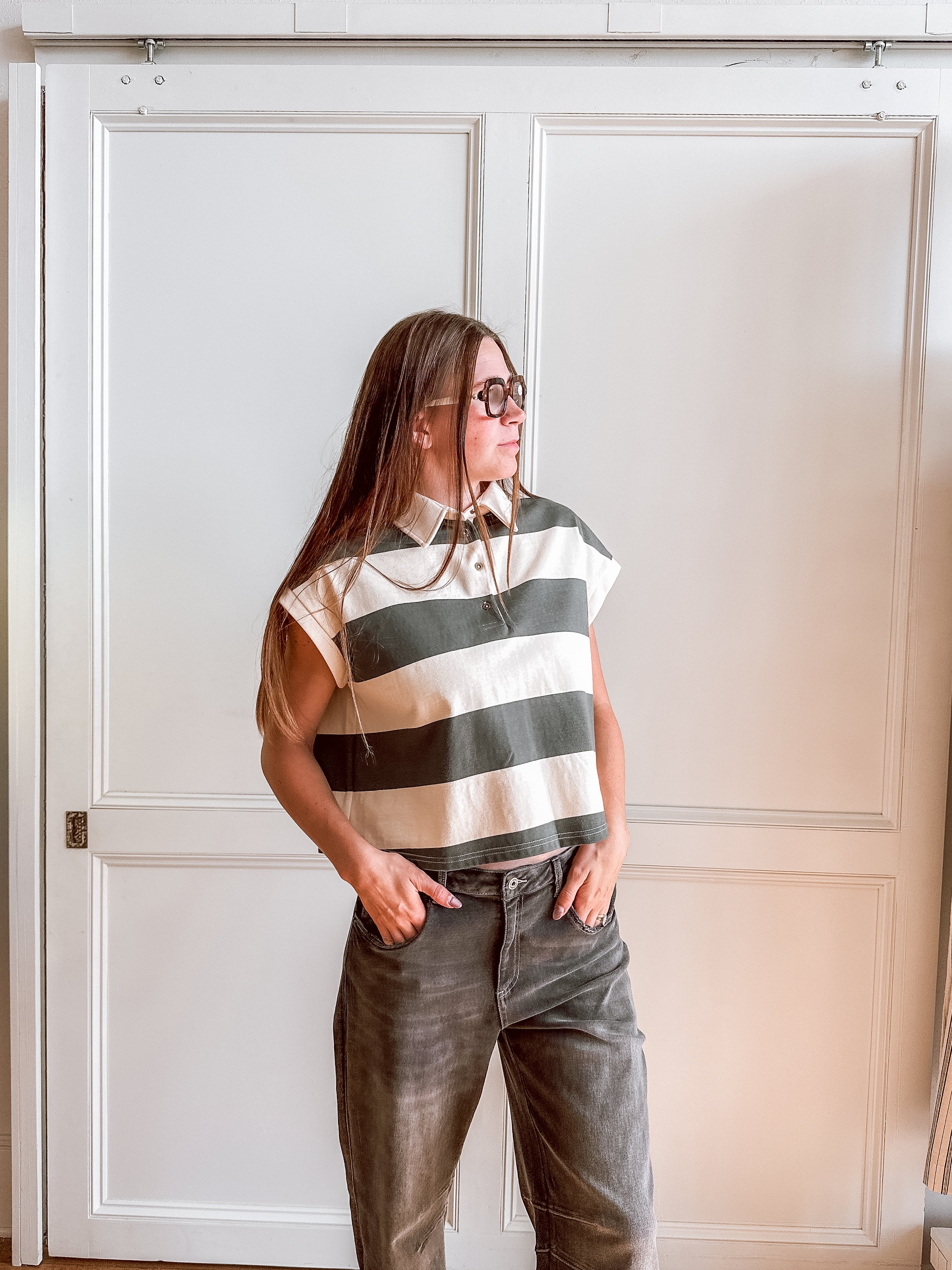 Green  & Beige Wide Stripe Polo