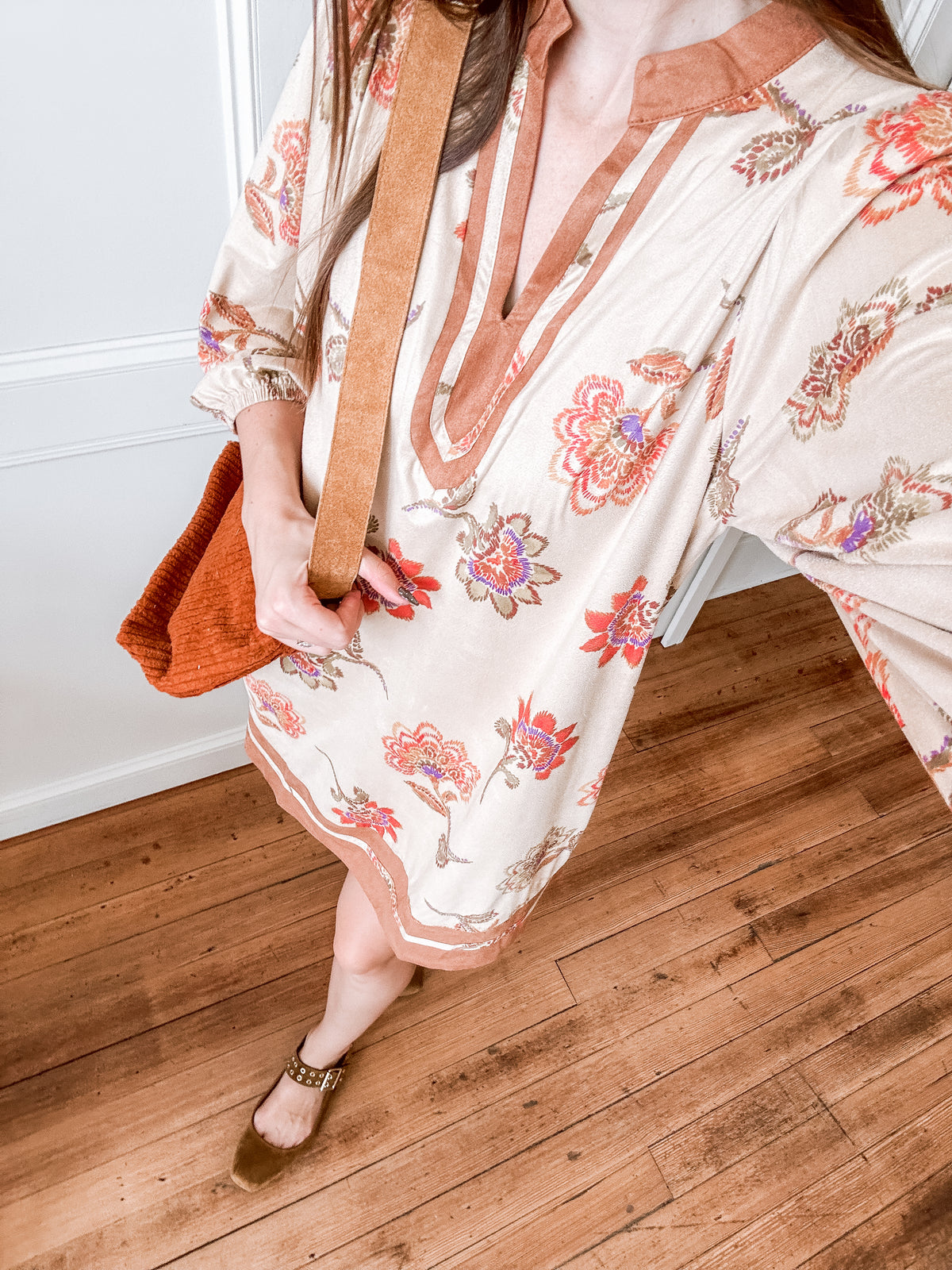 Khaki Floral Suede Dress