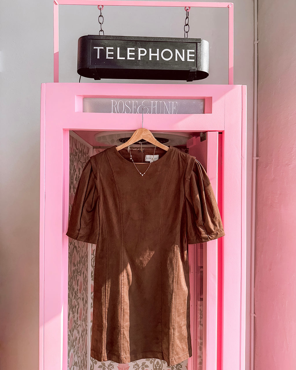 Coffee Suede Barrel Sleeve Dress