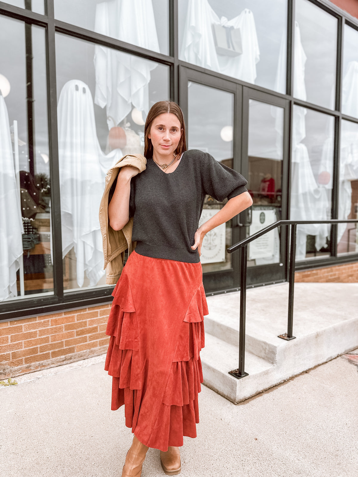 Brick Tiered Side Suede Skirt