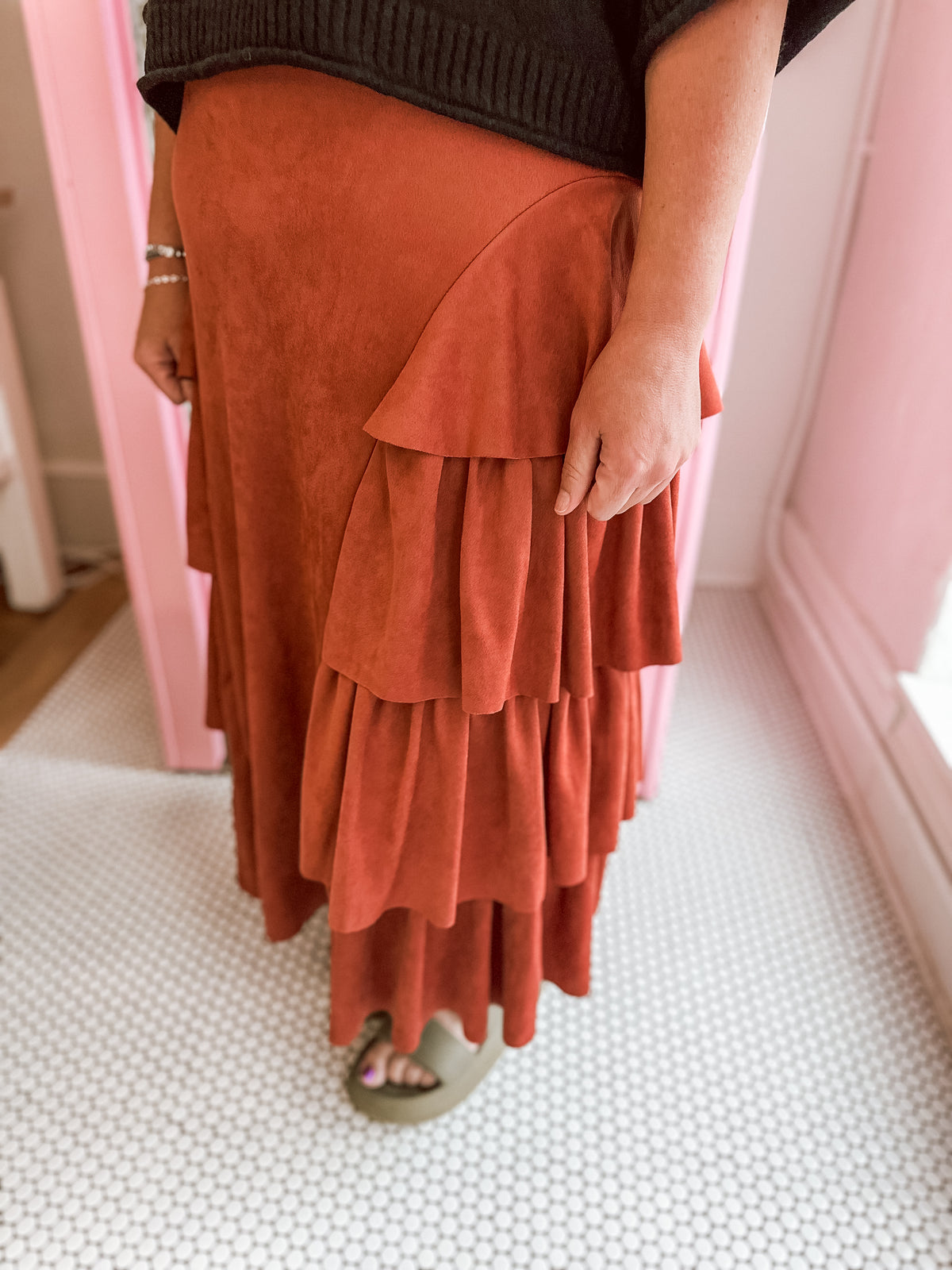 Brick Tiered Side Suede Skirt