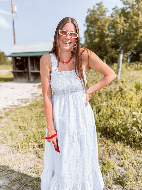 Blue & White Striped Smocked Maxi Dress