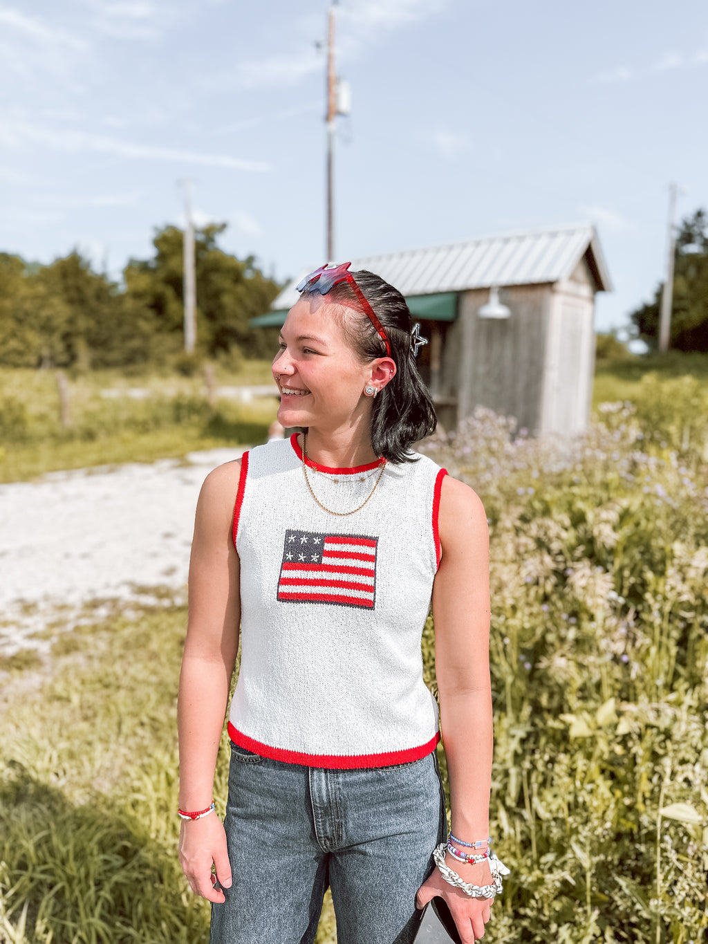 Ivory & Red Contrasted Piping Flag Top