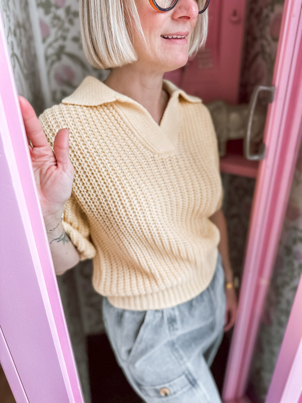 Butter Collared Short Sleeve Knitted Top