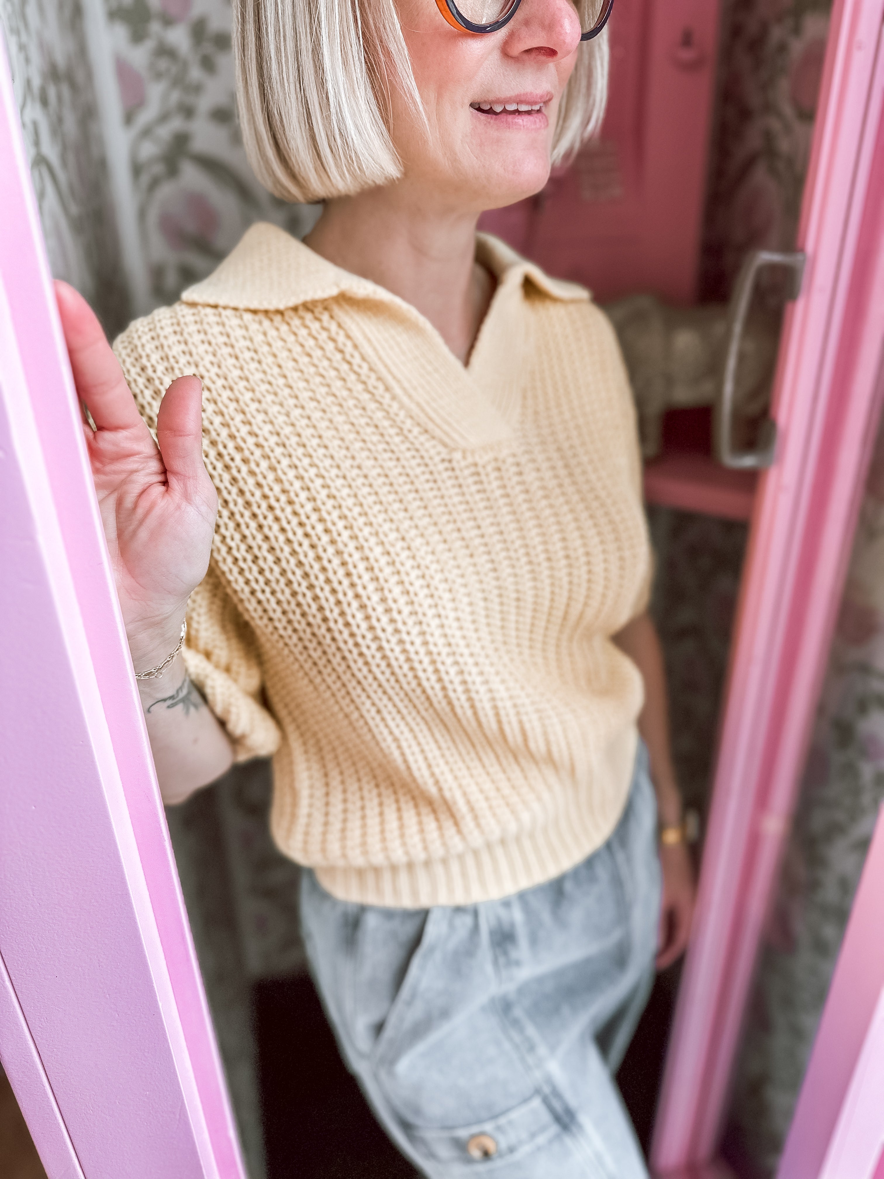 Butter Collared Short Sleeve Knitted Top