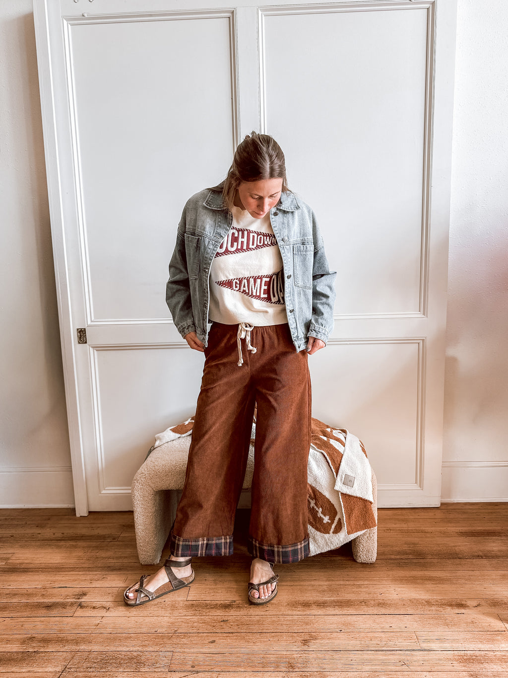 Brown Plaid Cuff Corduroy Pants