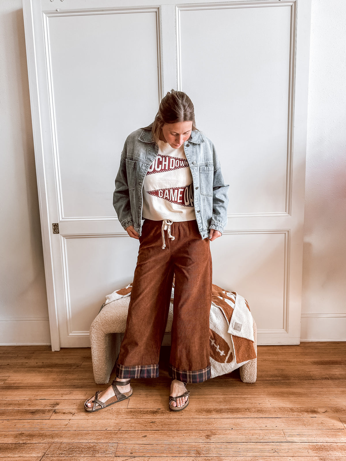 Brown Plaid Cuff Corduroy Pants