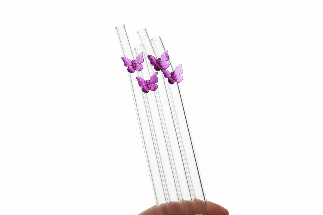 Glass Straw With Purple Butterfly