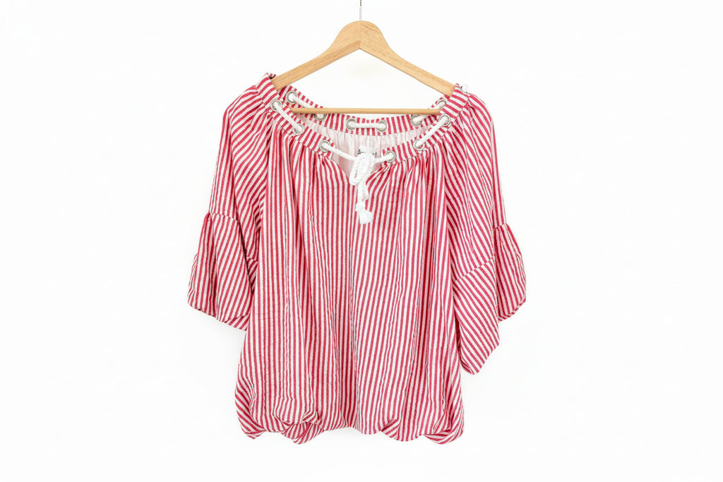 Berry Red Stripe Bubble Top With Grommet Neckline