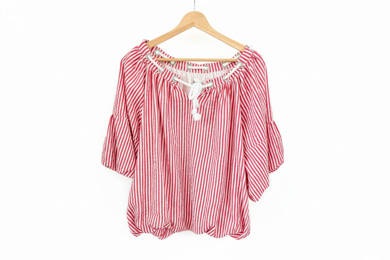 Berry Red Stripe Bubble Top With Grommet Neckline