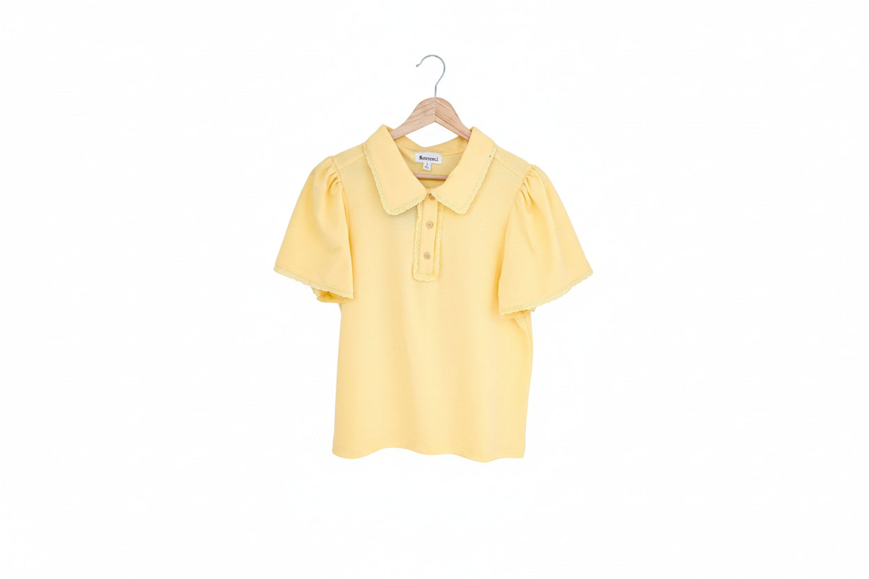 Lemon Yellow Collared Lace Trim Polo Top