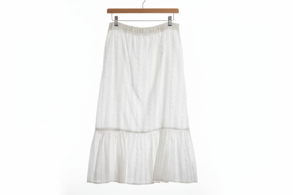 White Eyelet Ruffle Hem Midi Skirt