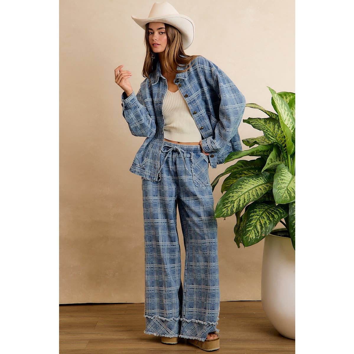 Washed Demin Plaid Wide Leg Jeans