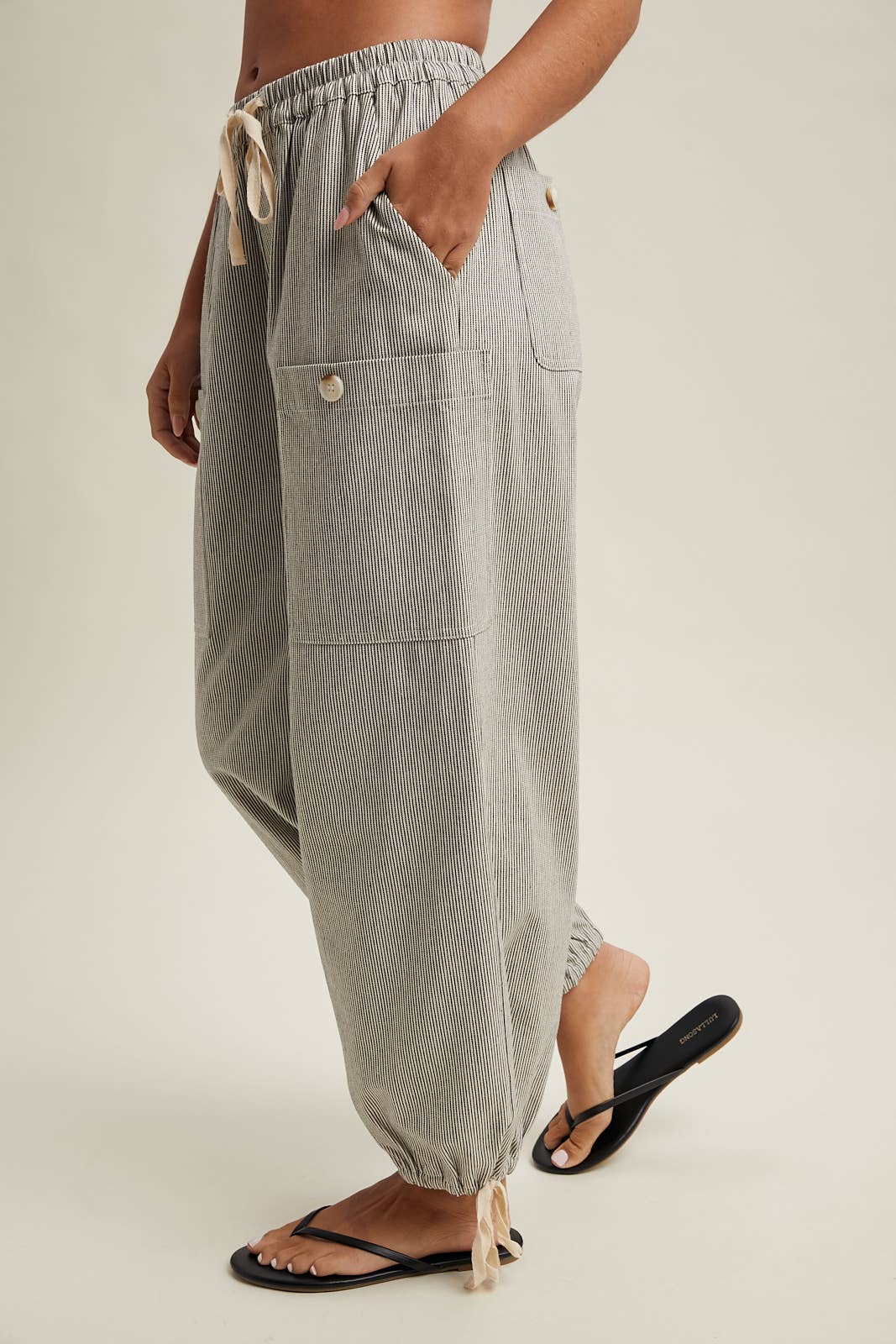 Black & Natural Striped Cargo Tie Hem Pants