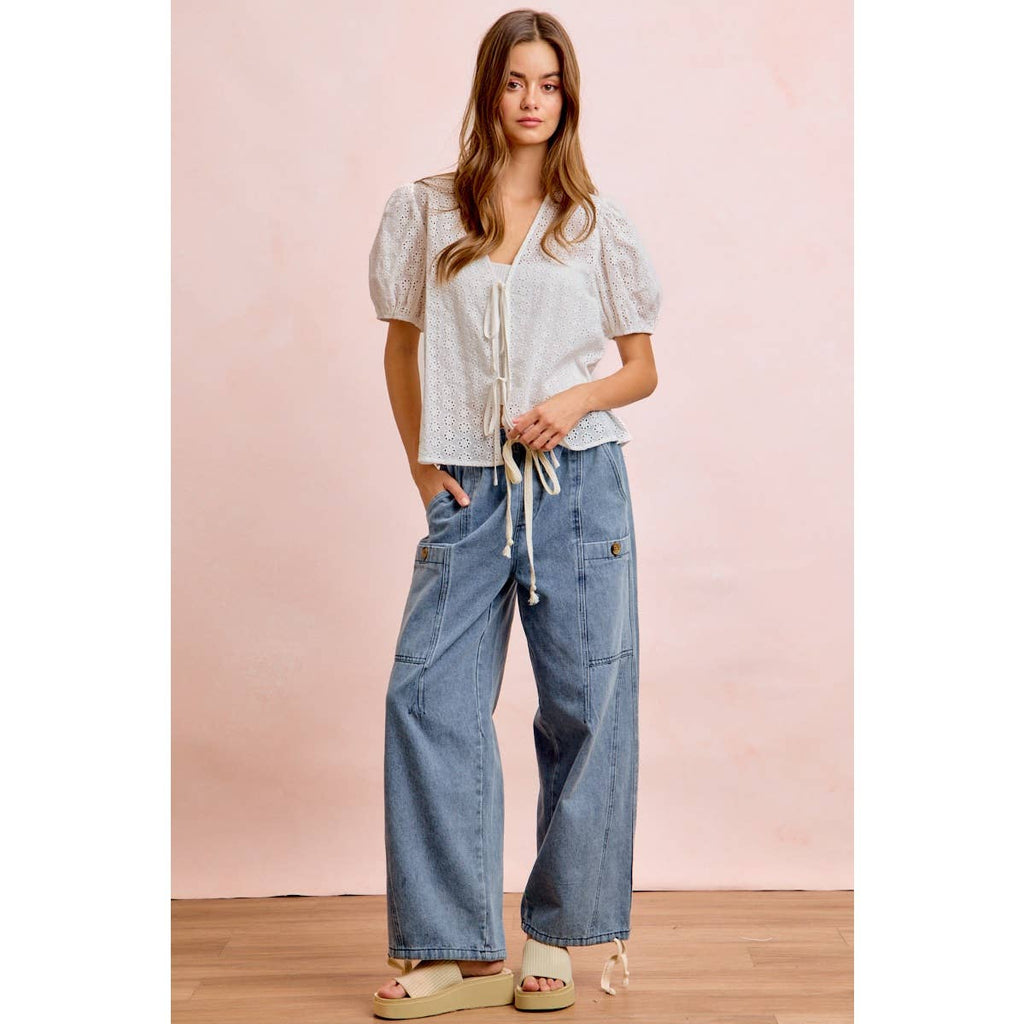 Washed Denim Drawstring Pants