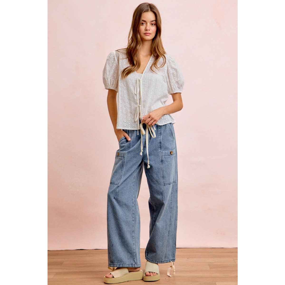 Washed Denim Drawstring Pants
