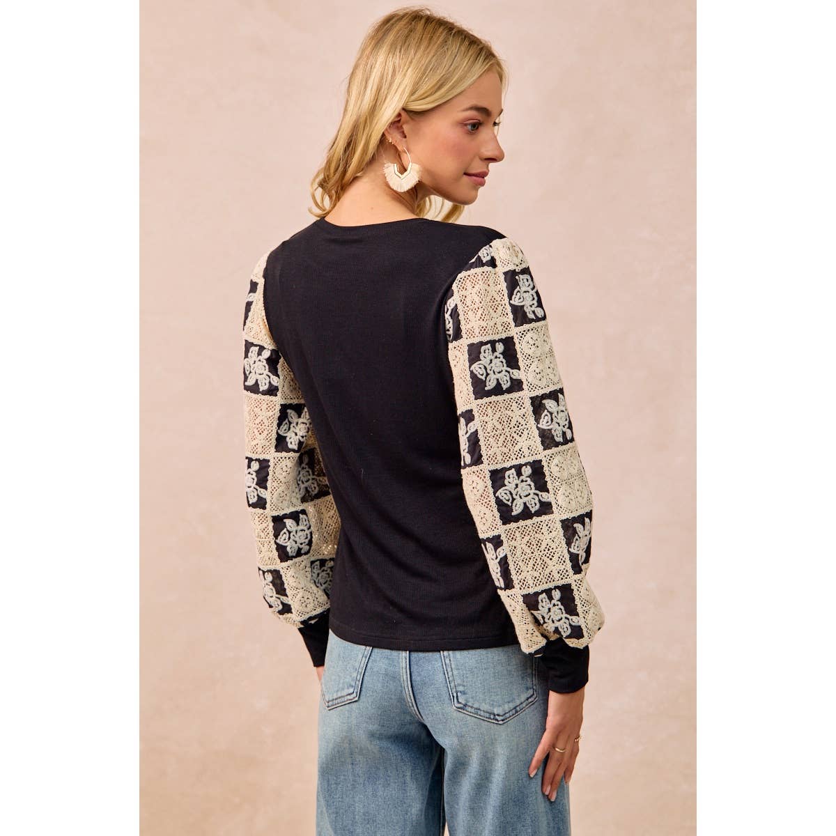 Black Flower Crochet Sleeve Top