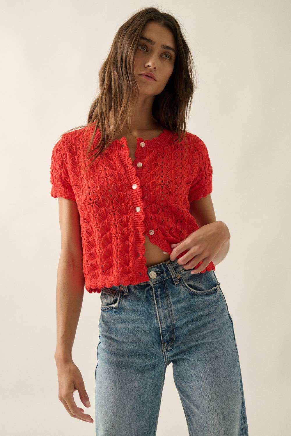 Red Crochet-Knit Buttoned Cardigan