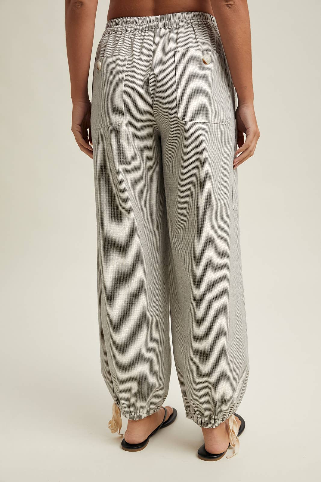 Black & Natural Striped Cargo Tie Hem Pants