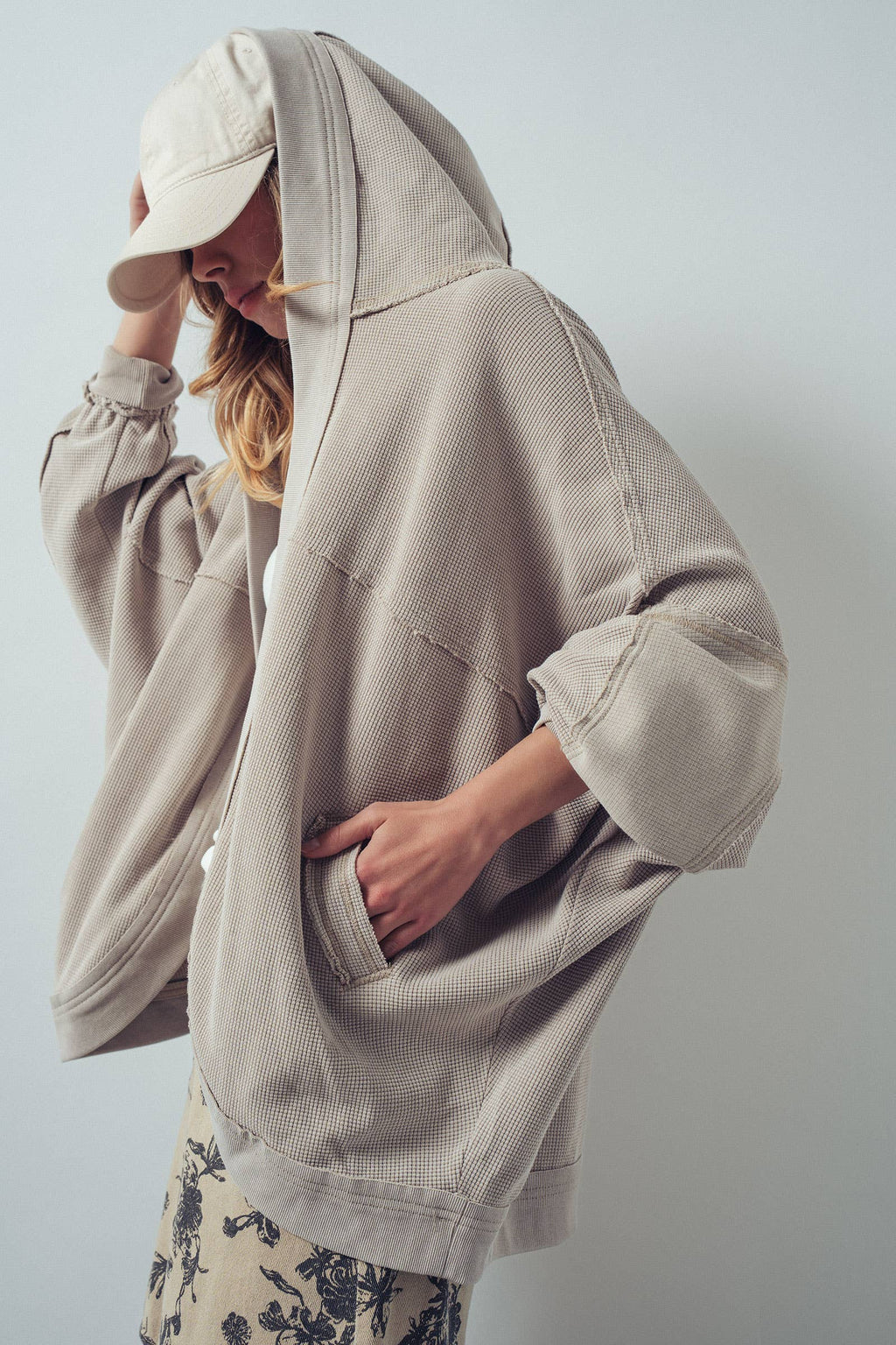 Taupe Washed Waffle Knit Hooded Cardigan