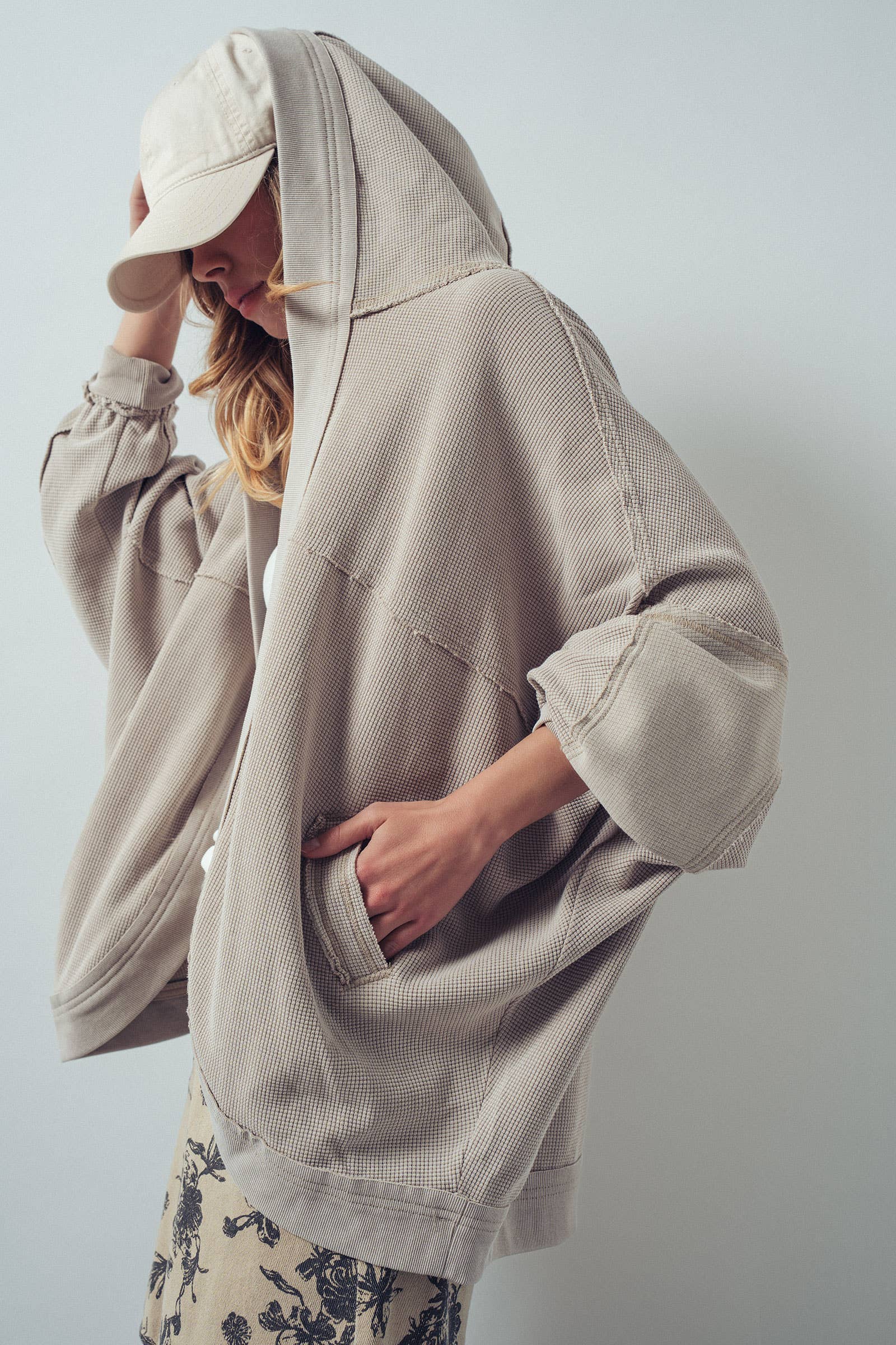 Taupe Washed Waffle Knit Hooded Cardigan