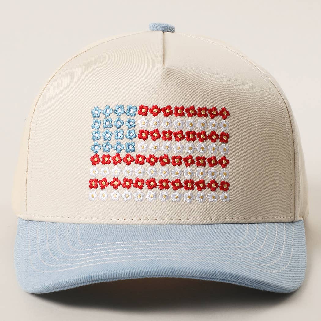 Two Tone Denim Floral American Flag Embroidered Trucker Hat