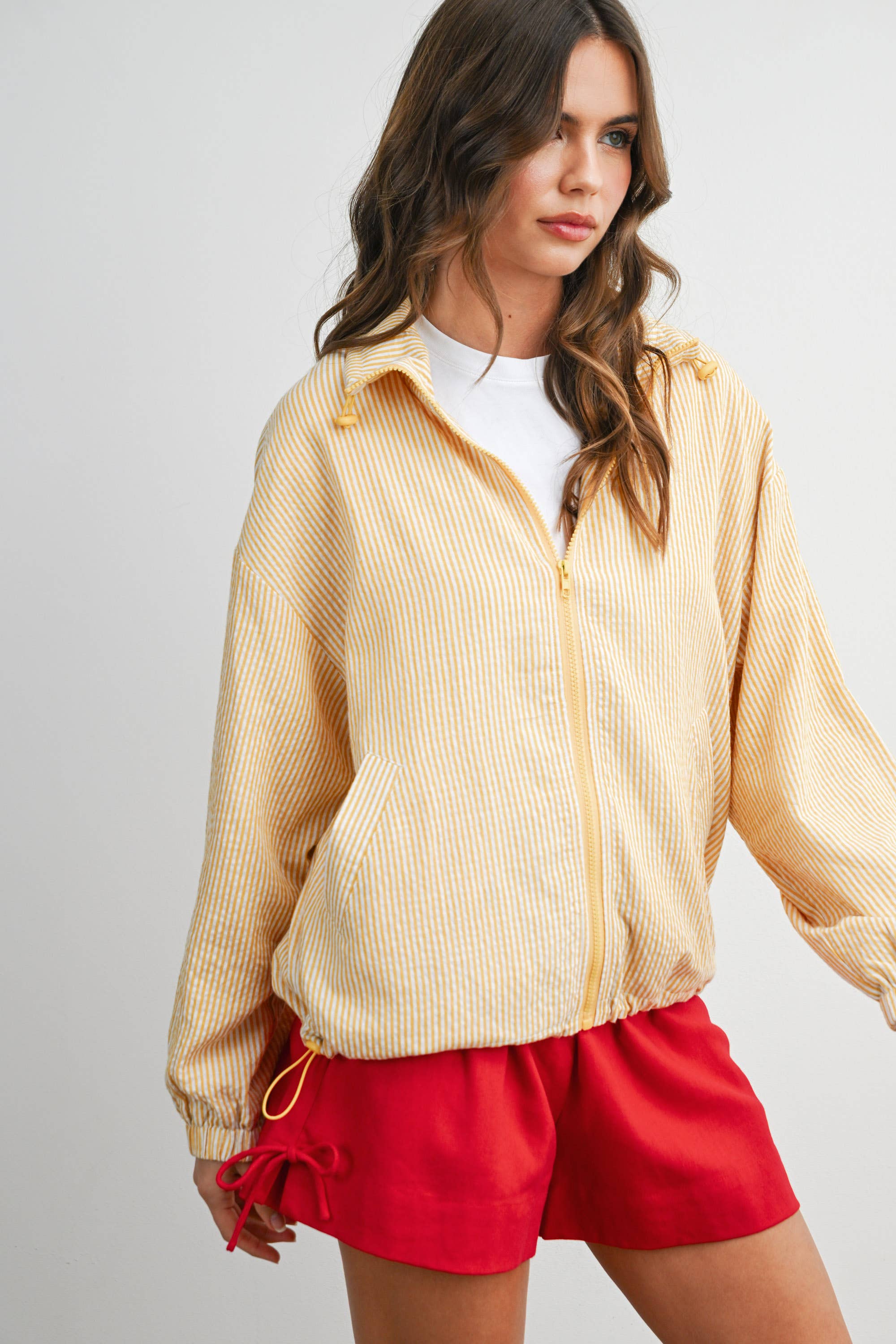 Yellow Striped Zip-Front Drawstring Jacket
