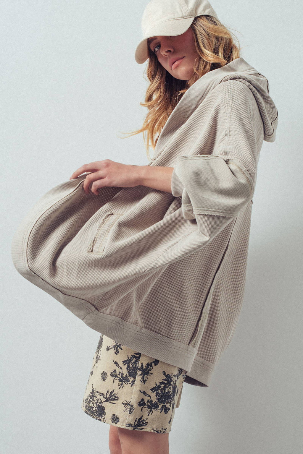 Taupe Washed Waffle Knit Hooded Cardigan