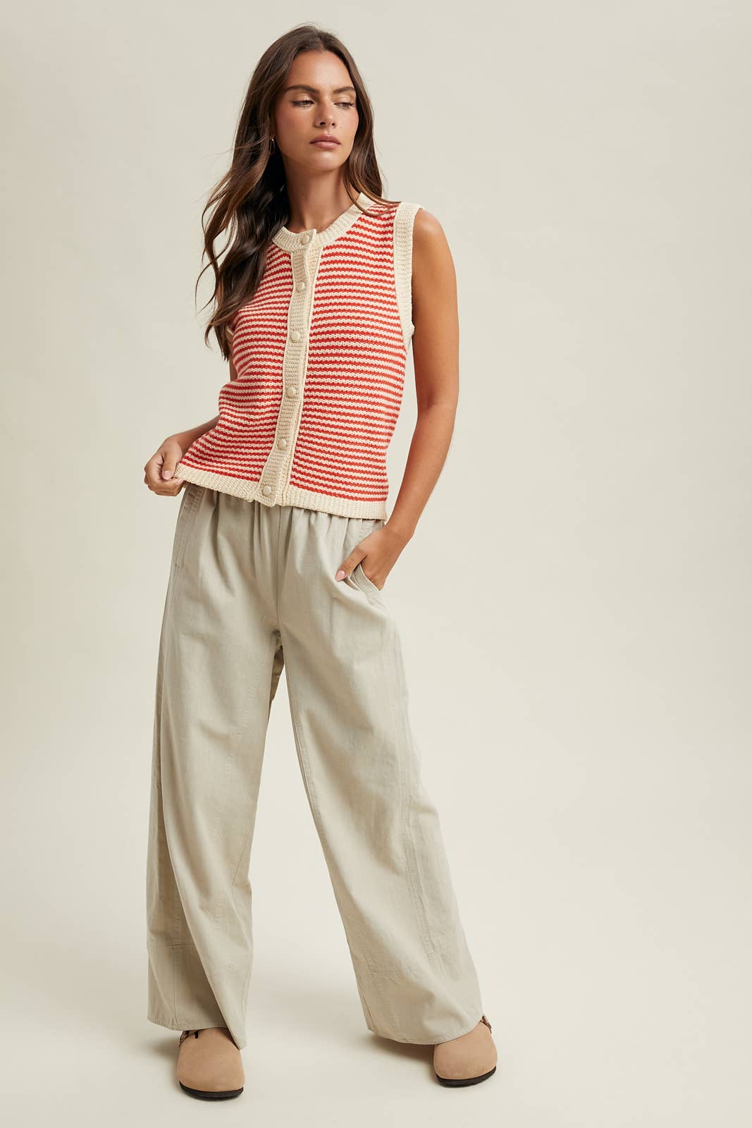 Papaya & Natural Striped Button Up Vest