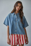 Blue Cotton Chambray Denim Short Sleeve Shirt