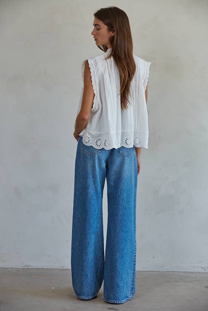 Off White Woven Cotton Eyelet Top