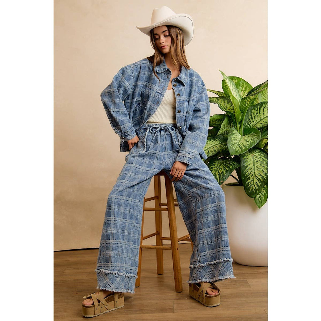 Washed Demin Plaid Wide Leg Jeans