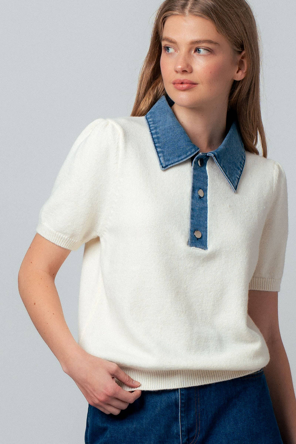 Ivory & Blue Collared Sweater Top