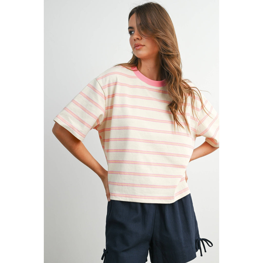 Ivory & Pink Striped Boxy Cropped T-Shirt