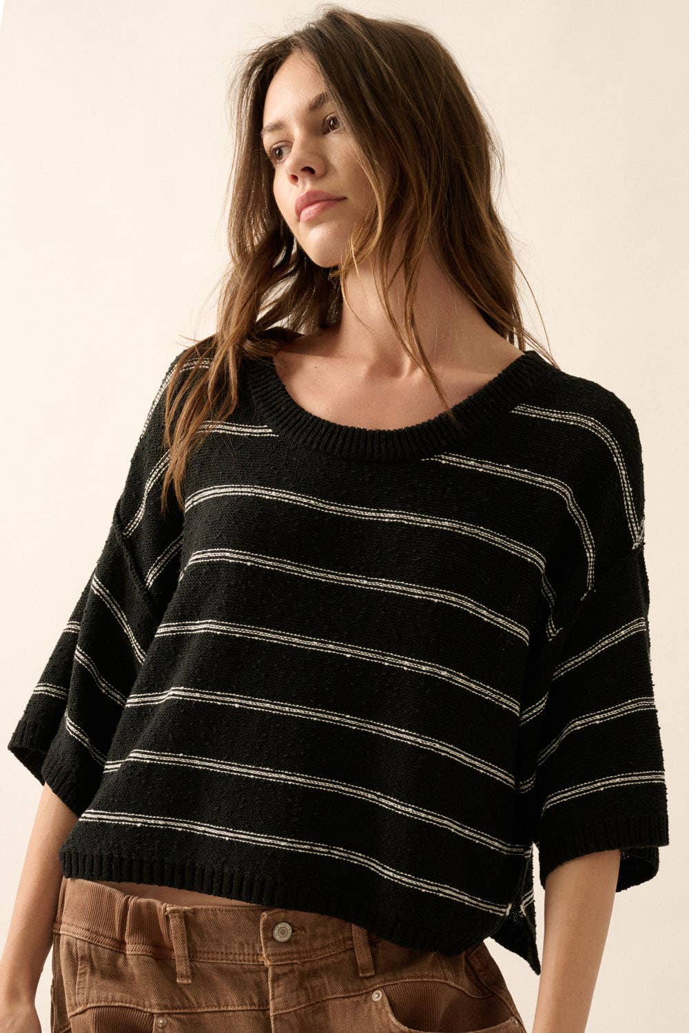 Striped Boat Neck 3/4 Sleeve Sweater